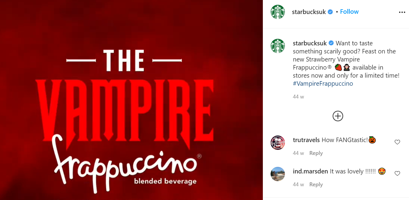 Starbuck’s&nbsp;2020 Halloween social media advert for their Strawberry ‘Vampire’ Frappuccino&nbsp;  &nbsp;