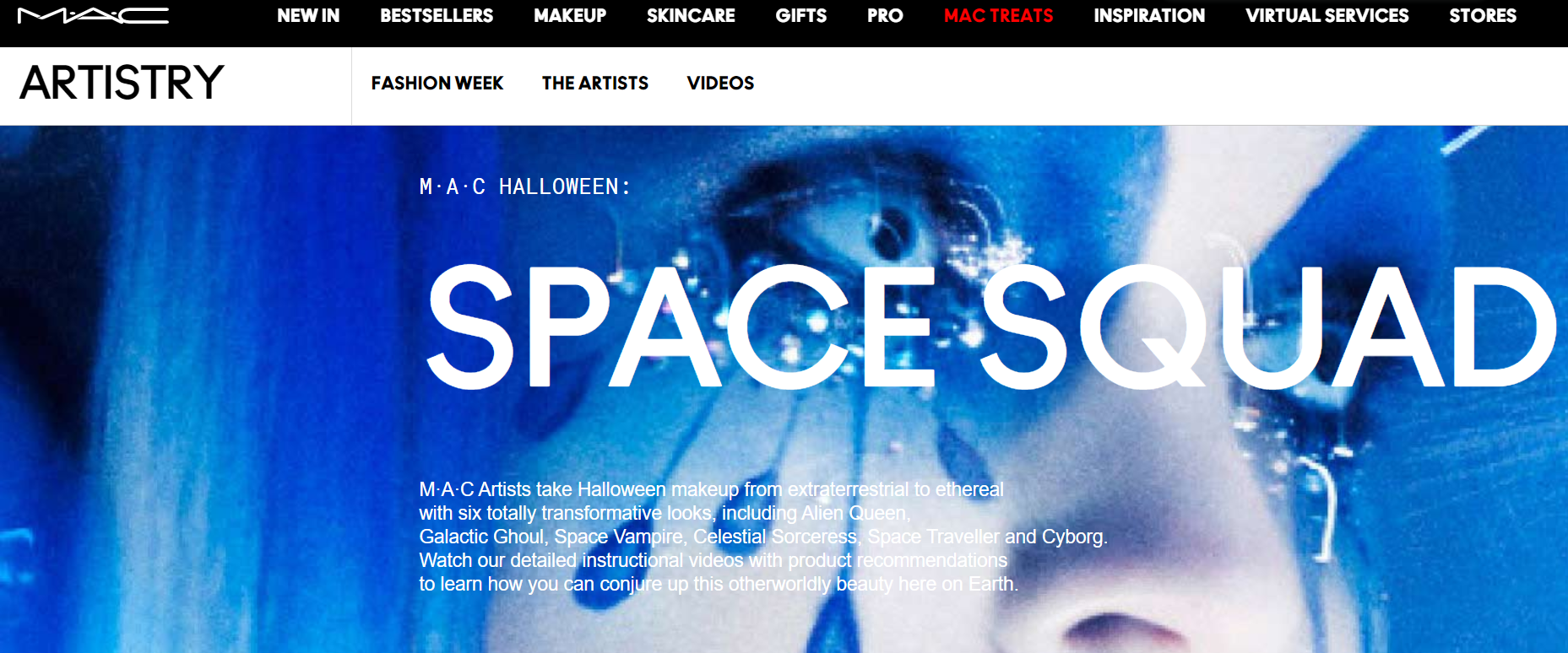 MAC’s 2016 landing page featuring their&nbsp;‘Space Squad’ Halloween collection